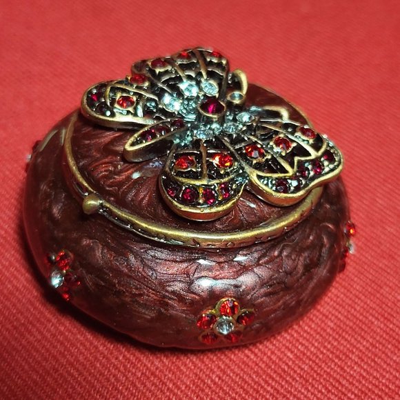 Vintage Trinket Box Burgundy Bejeweled Rhinestones Butterfly Design - Picture 8 of 12